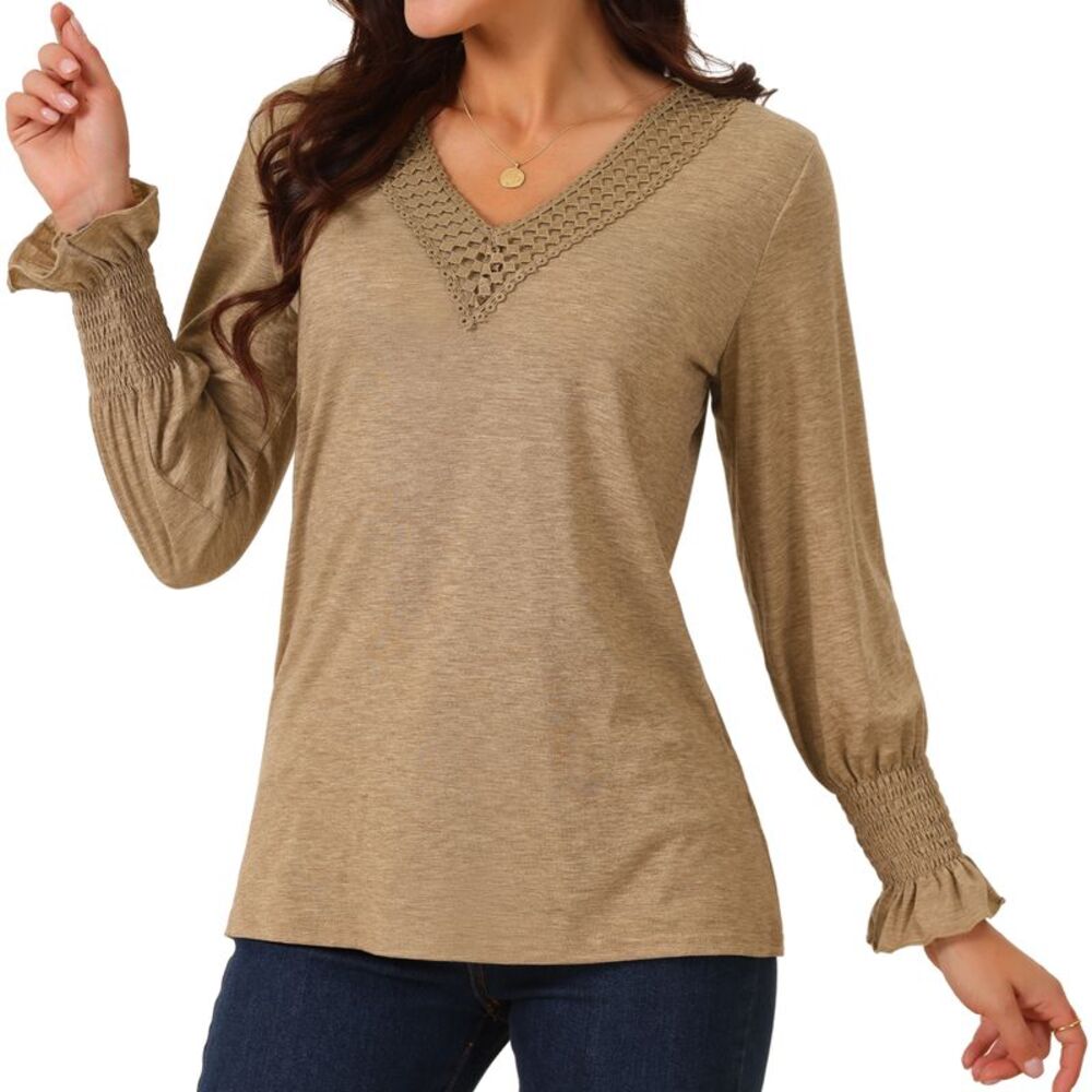 V Neck Smocked Cuff Simple Casual Tops Fall Winter Fashion T Shirt Brown